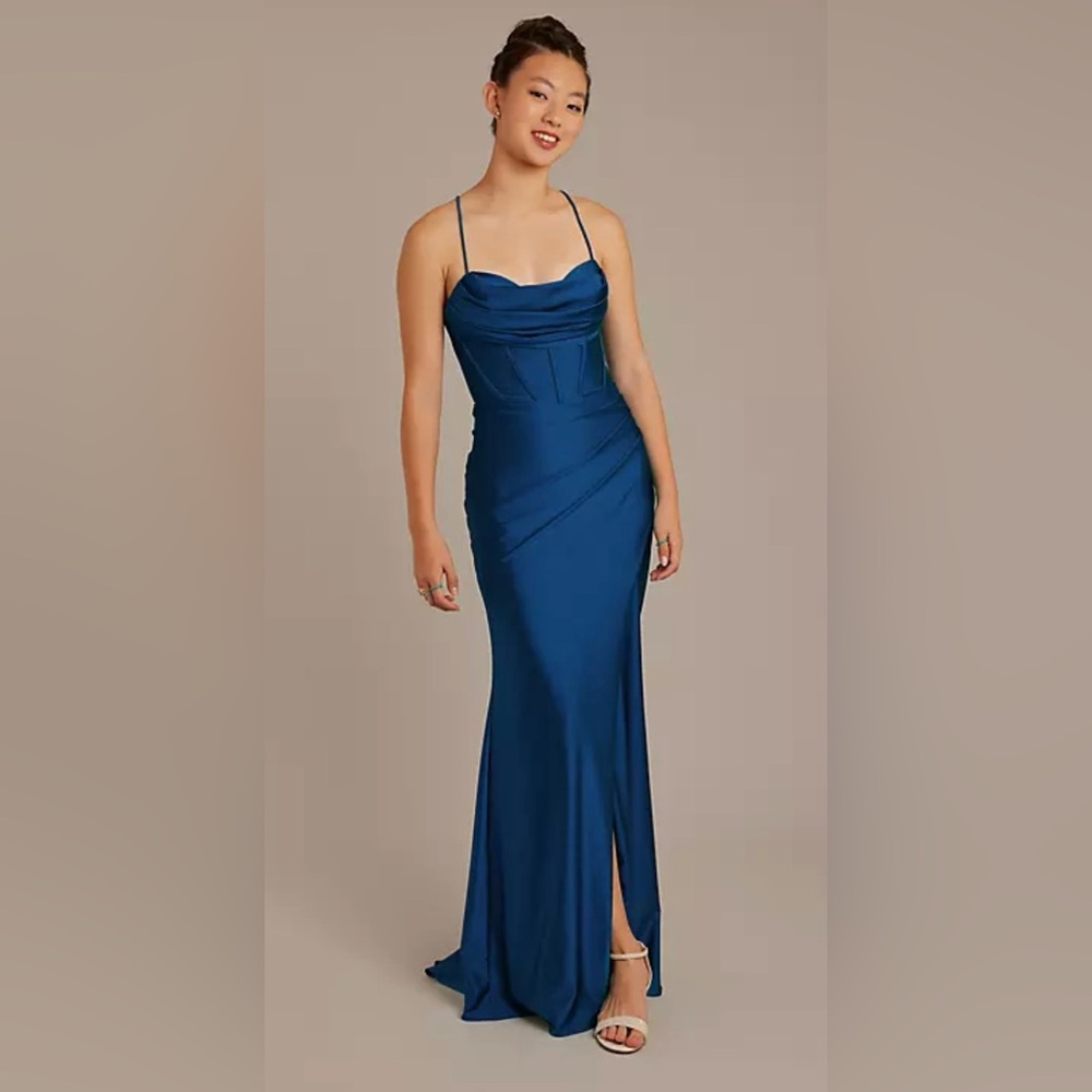 Betsy and Adam stretch satin cowl corset sheath dress 8P in ink color, NWT